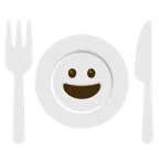 visage rieur + fourchette et couteau avec assiette