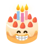 beaming face with smiling eyes + birthday cake