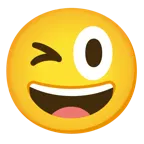 visage souriant avec de grands yeux + visage qui tire la langue et fait un clin d’œil