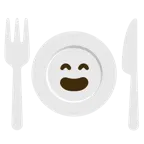 grinning face with smiling eyes + fork and knife with plate