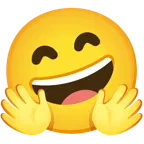 grinning face with smiling eyes + smiling face with open hands