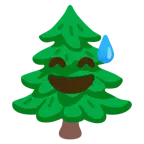 cara sonriendo con sudor frío + árbol de hoja perenne