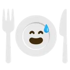 grinning face with sweat + fork and knife with plate
