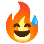 cara sonriendo con sudor frío + fuego