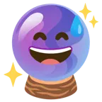grinning face with sweat + crystal ball
