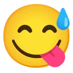 cara sonriendo con sudor frío + cara saboreando comida