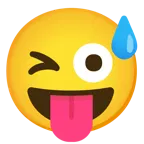 cara sonriendo con sudor frío + cara sacando la lengua y guiñando un ojo