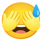cara sonriendo con sudor frío + mono con los ojos tapados