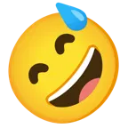 وجه مبتسم بفم مفتوح وعرق بارد + وجه ضاحك يتدحرج على الأرض