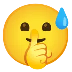 cara sonriendo con sudor frío + cara pidiendo silencio
