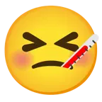 وجه مبتسم بعينين مغلقتين + وجه مع ميزان للحرارة