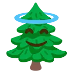 cara sonriendo con aureola + árbol de hoja perenne