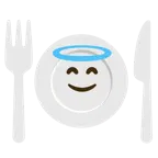 cara sonriendo con aureola + cuchillo y tenedor con un plato