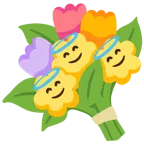 cara sonriendo con aureola + ramo de flores