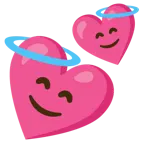 cara sonriendo con aureola + dos corazones