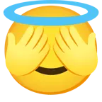 cara sonriendo con aureola + mono con los ojos tapados