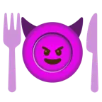 cara sonriendo con cuernos + cuchillo y tenedor con un plato