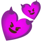 cara sonriendo con cuernos + dos corazones