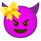 cara sonriendo con cuernos + corazón con lazo