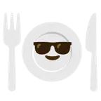 cara sonriendo con gafas de sol + cuchillo y tenedor con un plato
