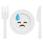 downcast face with sweat + fork and knife with plate