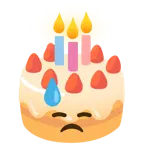 downcast face with sweat + birthday cake