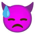 downcast face with sweat + angry face with horns