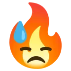 downcast face with sweat + fire