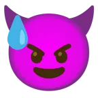 downcast face with sweat + smiling face with horns