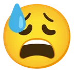 downcast face with sweat + weary face