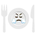 face with steam from nose + fork and knife with plate
