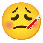 erschöpftes Gesicht + Gesicht mit Fieberthermometer