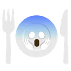 face screaming in fear + fork and knife with plate