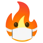 cara con mascarilla médica + fuego