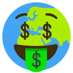 Gesicht mit Dollarzeichen + Globus mit Europa und Afrika