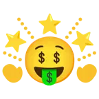 Gesicht mit Dollarzeichen + funkelnder Stern