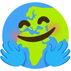smiling face with open hands + globe showing Europe-Africa