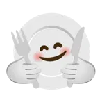 smiling face with open hands + fork and knife with plate