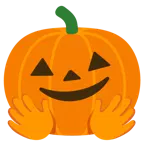 cara con manos abrazando + calabaza de Halloween