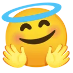 cara con manos abrazando + cara sonriendo con aureola