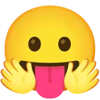 cara con manos abrazando + cara sacando la lengua