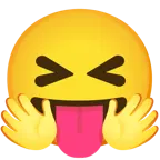 cara con manos abrazando + cara con ojos cerrados y lengua fuera
