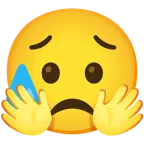 cara con manos abrazando + cara triste pero aliviada