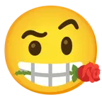 face with raised eyebrow + rose