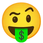 face with raised eyebrow + money-mouth face