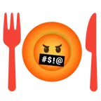 face with symbols on mouth + fork and knife with plate