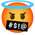 face with symbols on mouth + smiling face with halo