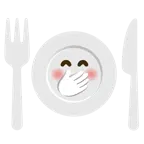 cara con mano sobre la boca + cuchillo y tenedor con un plato