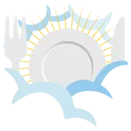 face in clouds + fork and knife with plate
