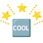 funkelnder Stern + Wort „Cool“ in blauem Quadrat